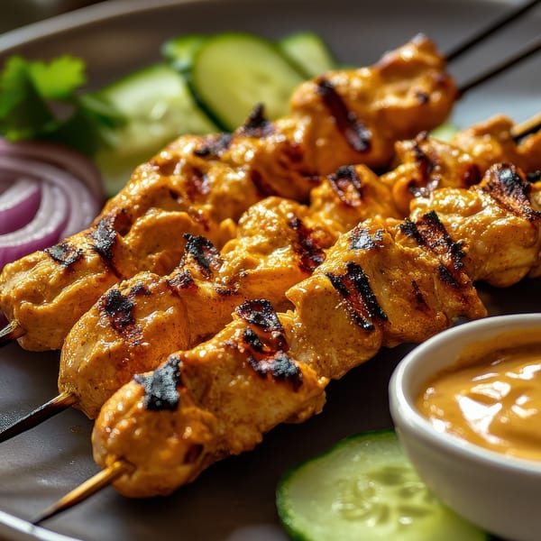 Grilled chicken tikka skewers with sauce, cucumber, and red onion on a dark plate.