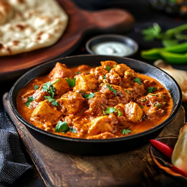 A black bowl of Shahi paneer curry with cilantro, naan bread, and yogurt on a wooden board.