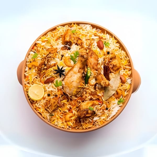 Overhead view of a large bowl of chicken biryani with lemon, cashews, and spices.
